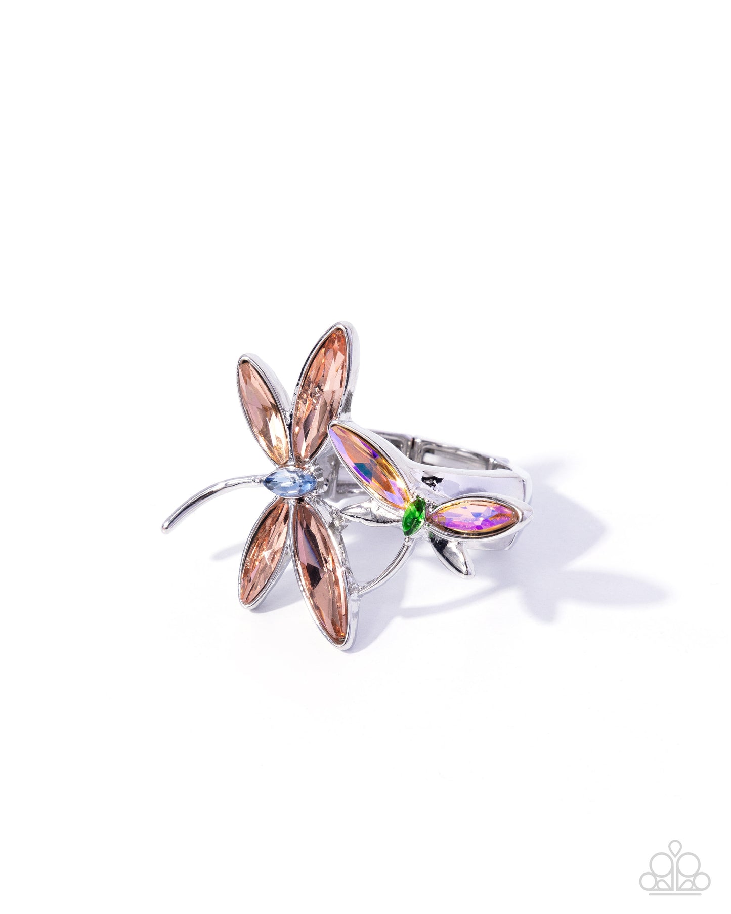 Paparazzi Darling Dragonfly - Orange, Peach, Emerald Gem Silver Dragonfly Ring