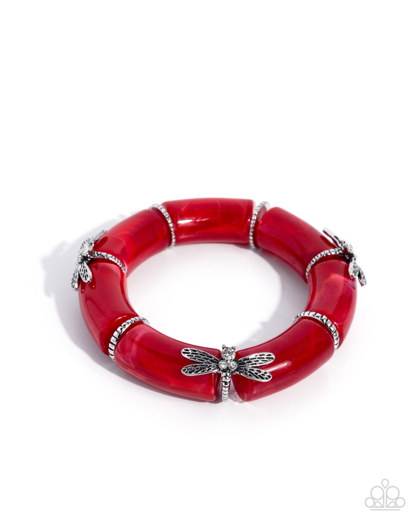Paparazzi Delicate Dragonfly - Red Swirled Acrylic & Silver Dragonfly Stretch Bracelet B2716