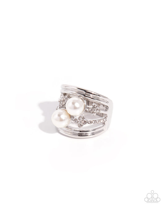 Paparazzi Poised Pedigree - White Rhinestone & Pearl Silver Ring