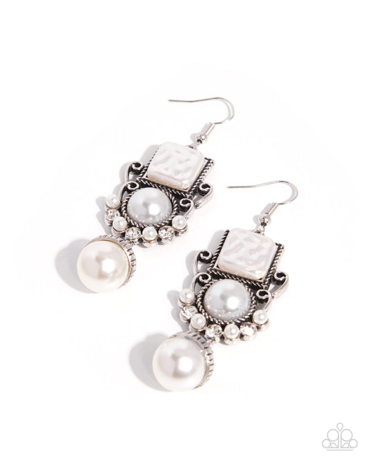 Paparazzi Prized Position - White Baroque Square Pearl Silver Earring