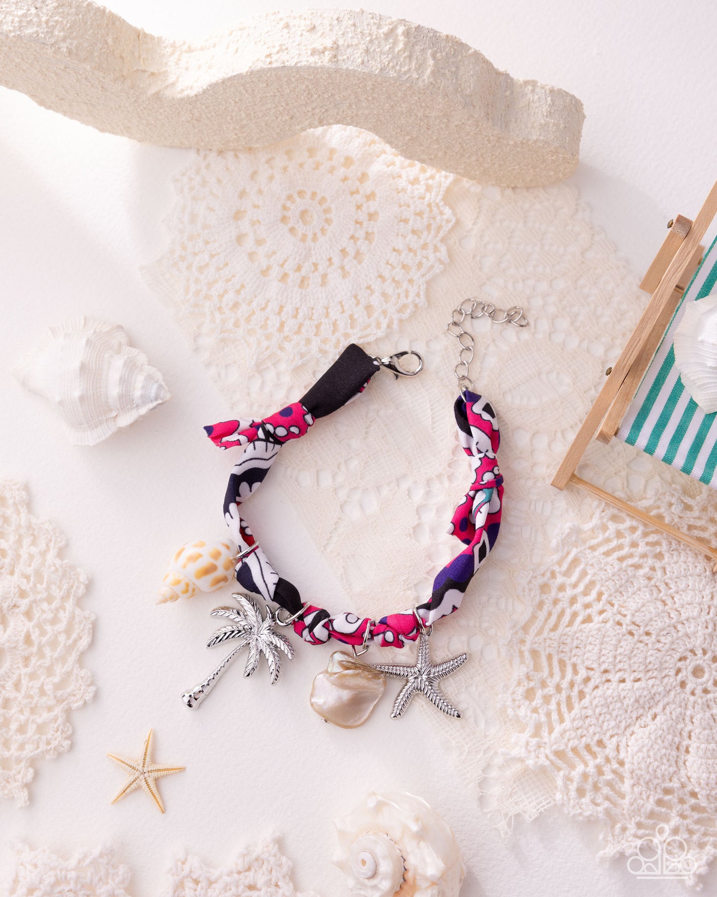 Paparazzi Resort Redux - Pink Knotted Ribbon Silver Starfish, Palm Tree, Conch Shell Nautical Style Bracelet