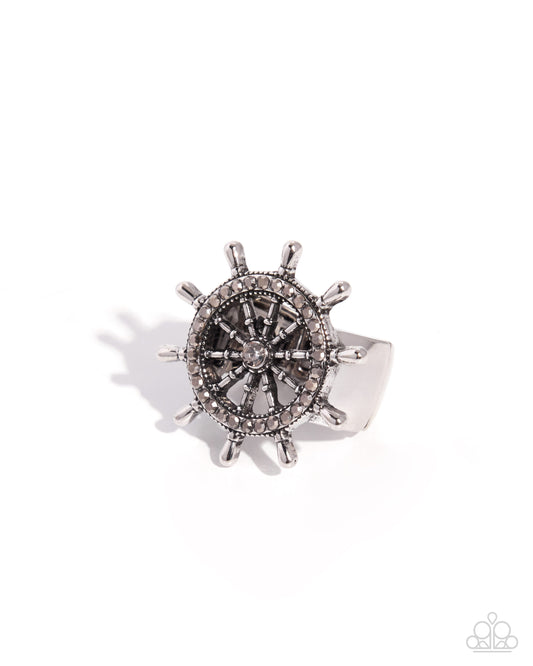 Paparazzi New Age Navigation - Silver Hematite & Smoky Rhinestone Ship's Wheel Nautical Ring R1399