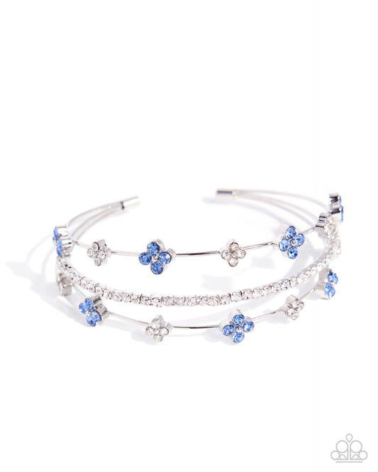 Paparazzi Layered Blooms - Blue Light Sapphire Rhinestone Flower Silver Cuff Bracelet B2770