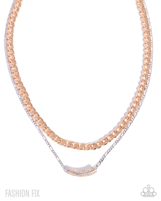 Paparazzi What's Wrong With Being Confident? - Multi Gold Curb Chain & Silver Figaro Layered Chain Gold White Rhinestone Accent Necklace July 2026 Fiercely 5th Avenue Fashion Fix