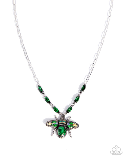 Paparazzi Neoclassical Novelty - Green Emerald & Silver Bee Necklace