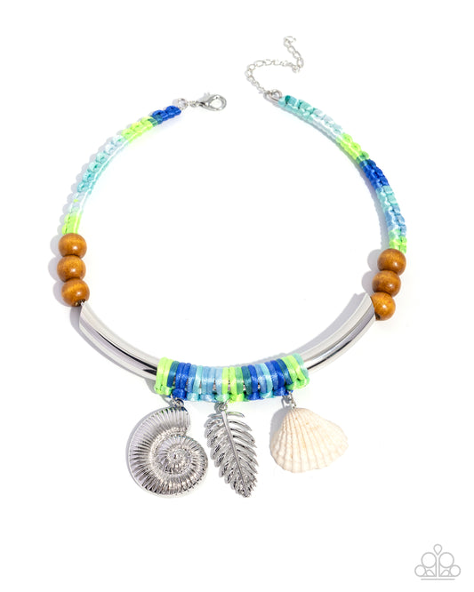 Paparazzi Coastal Calm - Green, Blue Knotted Cording Silver Seashell Nautical Style Necklace N2561
