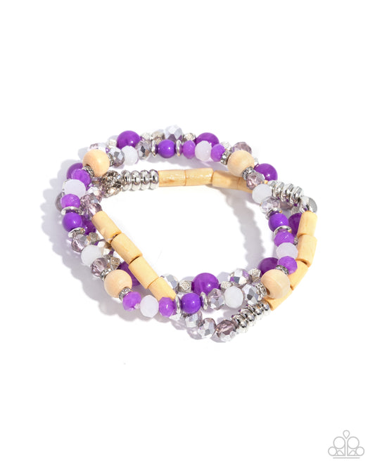 Paparazzi Standout Stack - Purple Lilac, Yellow Wood, Silver Bead Set Of 3 Stretch Bracelets