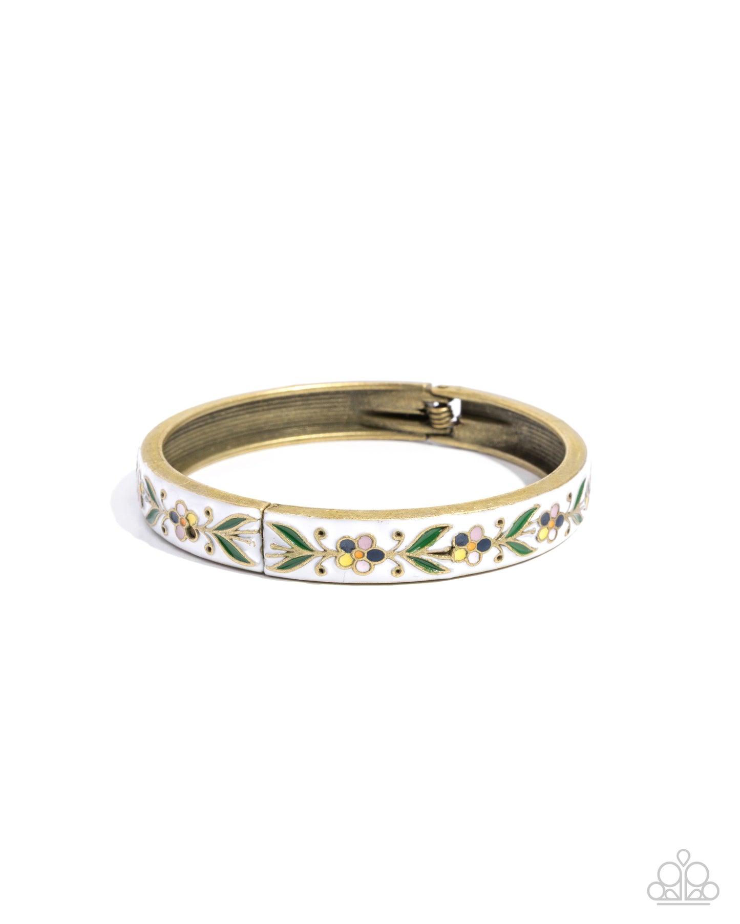 Paparazzi Festive Fable - Brass & White, Baby Pink, Lilac Floral Hinged Bracelet