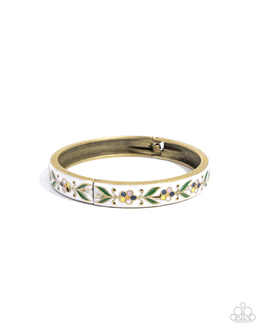Paparazzi Festive Fable - Brass & White, Baby Pink, Lilac Floral Hinged Bracelet
