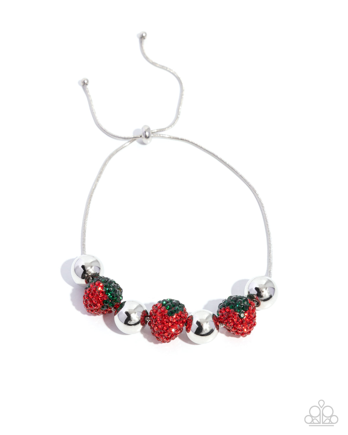 Paparazzi Famous Strawberries - Red & Green Rhinestone Embellished Strawberry Sliding Bead Bracelet
