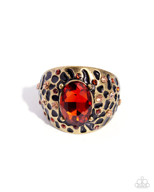 Paparazzi Spotted Season - Brass Cheetah Spots & Topaz Gem Ring R1397
