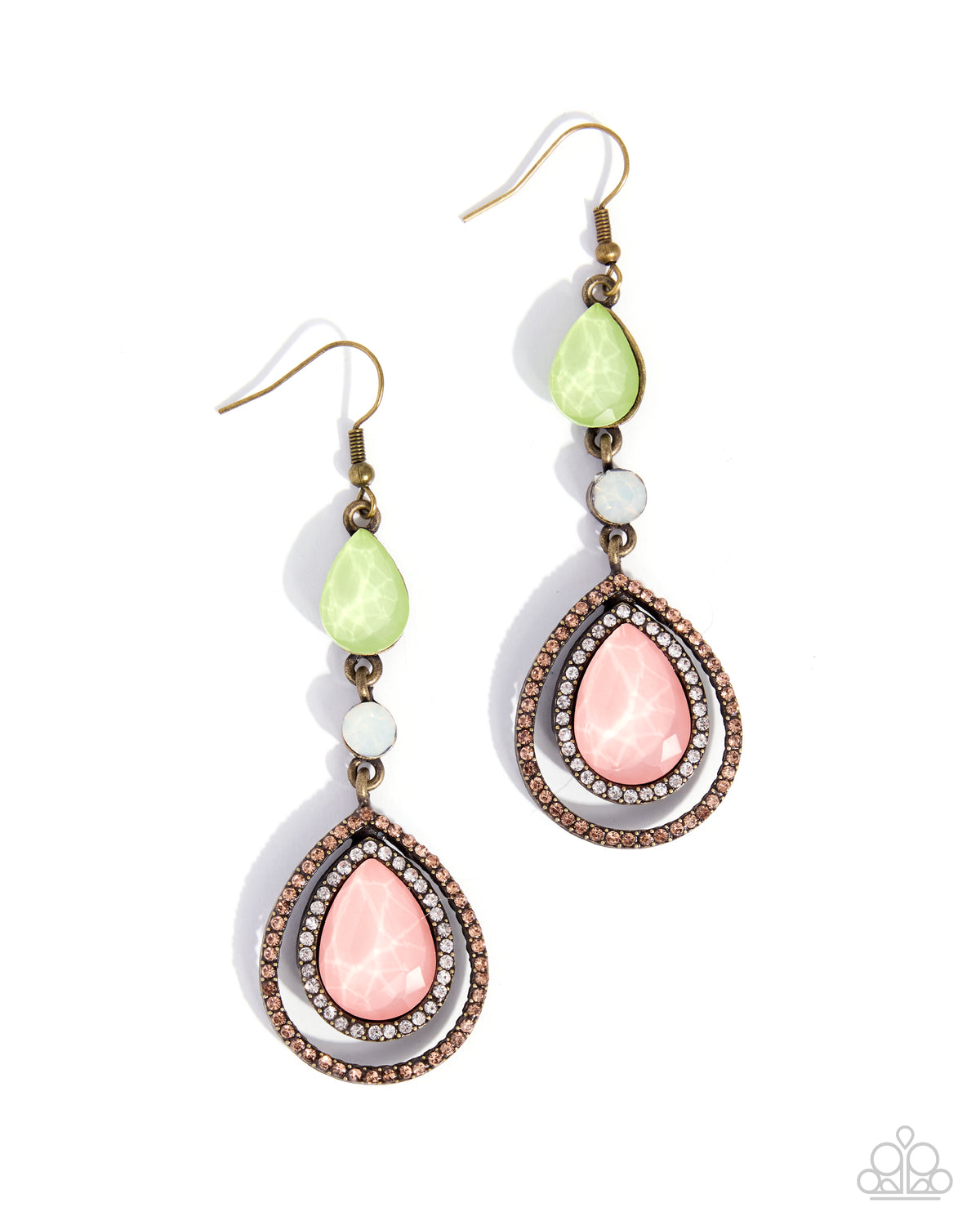 Paparazzi Dramatic Dive - Multi Green, Peach Acrylic & Light Topaz Rhinestone Earring E3507
