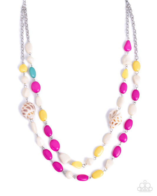 Paparazzi Steady Shells - Pink - Hot Pink, White, Light Blue, Yellow Bead & Natural Shell Necklace