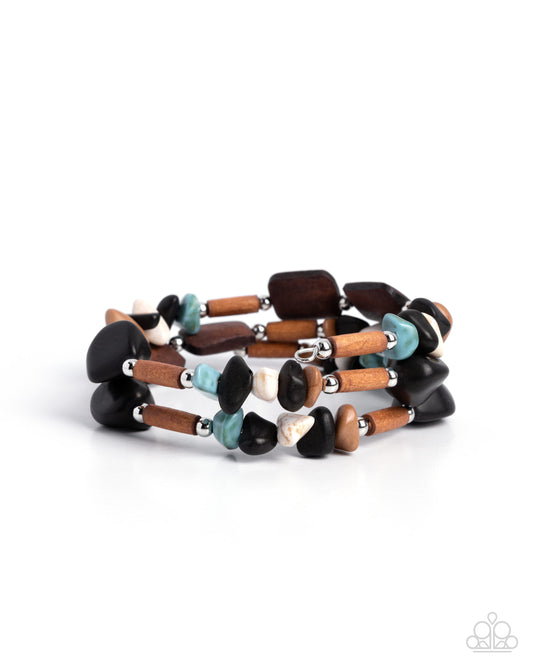 Paparazzi Sensational Stones - Black, White, Turquoise & Brown Stone Santa Fe Style Set Of 3 Stretch Bracelets B2757
