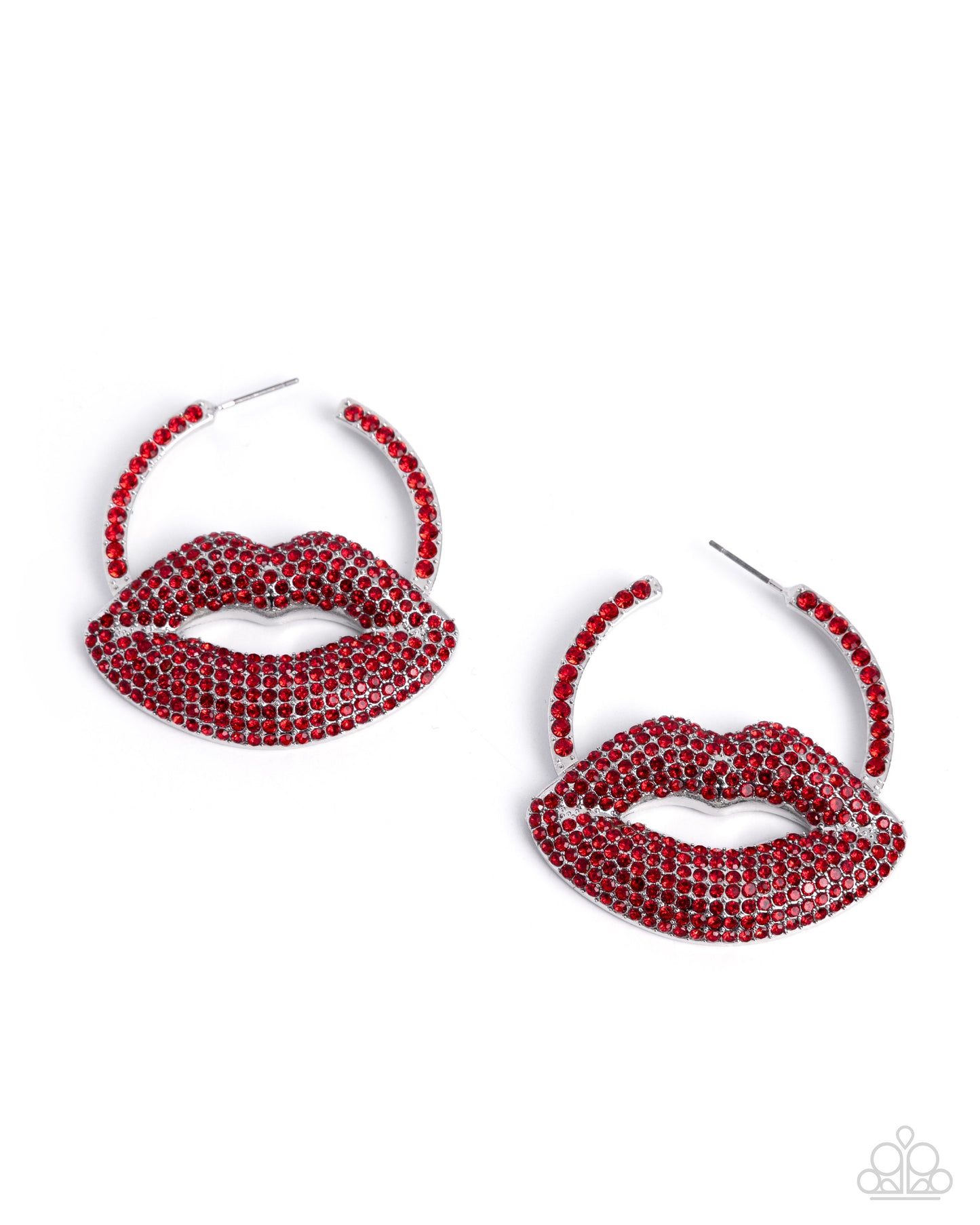 Paparazzi Valentines Date - Red Rhinestone Silver Lip 1 1/2 Inch Hoop Earring