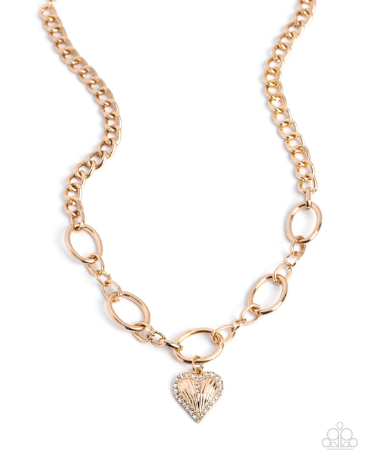 Paparazzi Lunch Date - Gold Curb Chain & White Rhinestone Detailed Heart Necklace