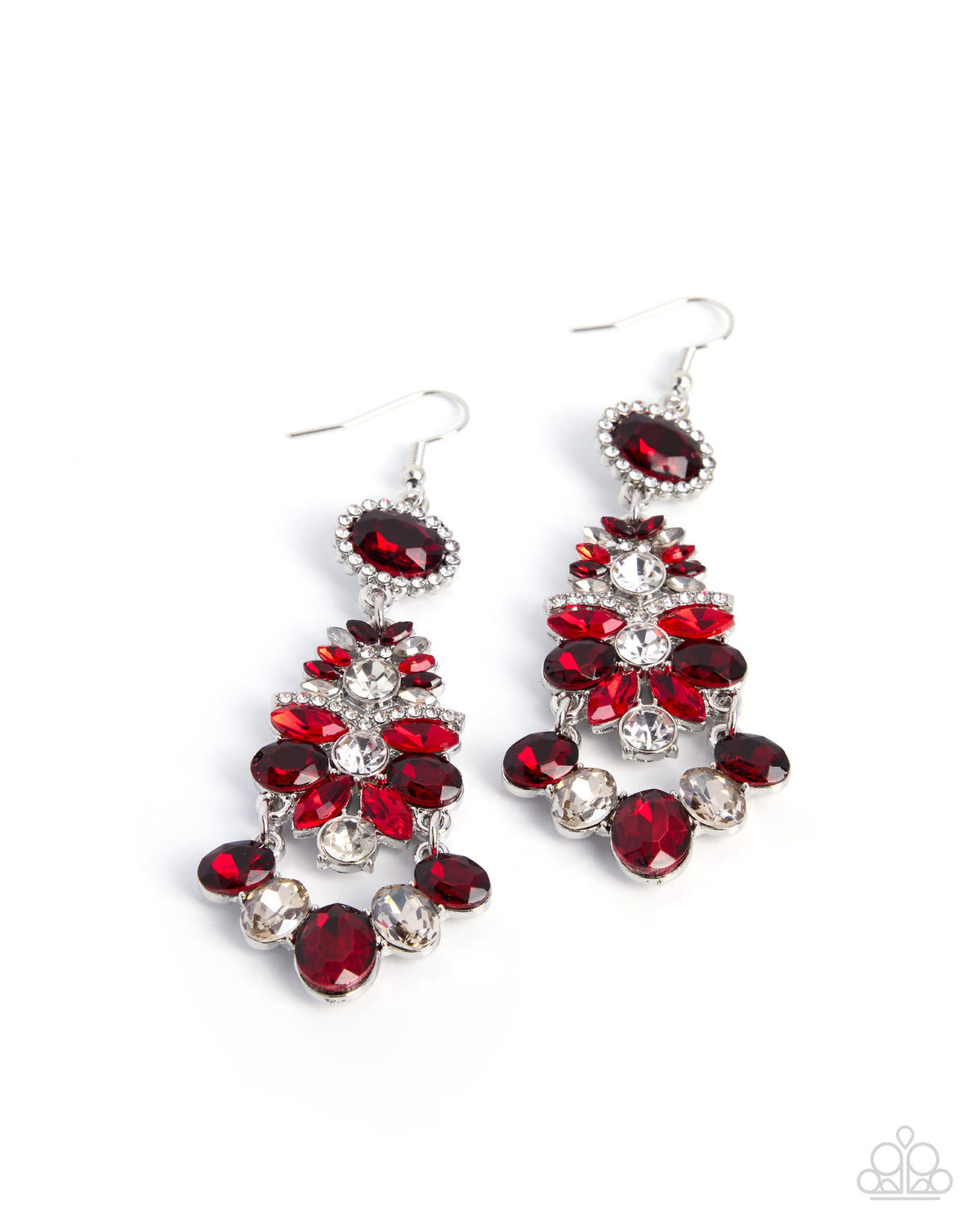 Paparazzi Over The Top Glitz - Red Gem White Rhinestone Chandelier Style Earring E2977