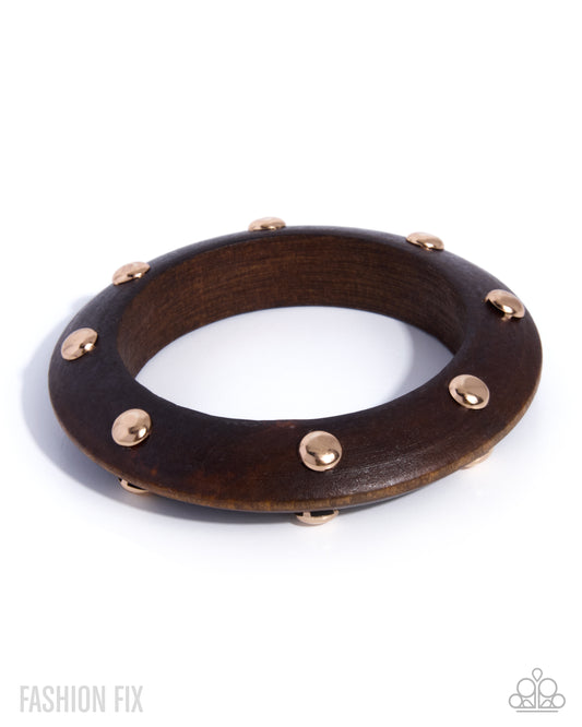 Paparazzi Sunshine Studs - Gold & Dark Brown Wood Texture Bangle Bracelet