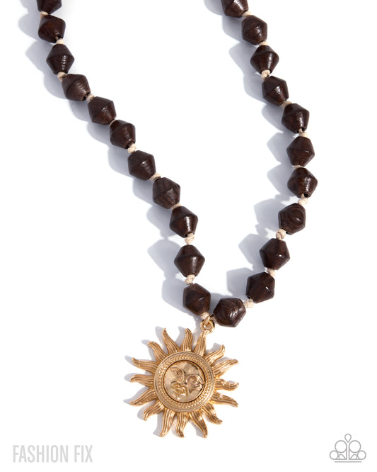 Paparazzi Relaxed Rays - Gold Sun Brown Wood Bead Necklace July 2026 Sunset Sightings Fashion Fix