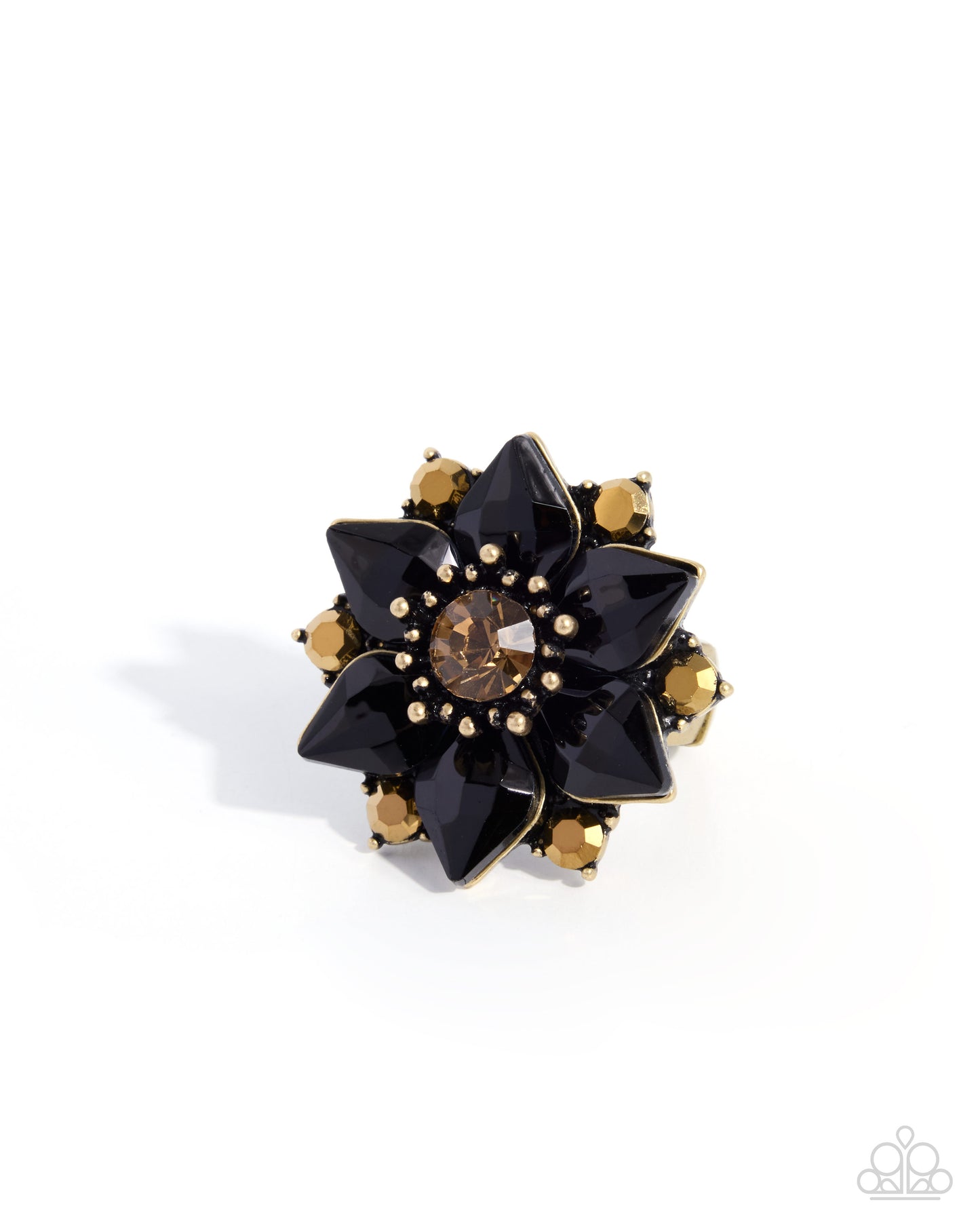 Paparazzi Smooth Singularity - Brass, Aurum Rhinestone & Topaz Gem Flower Ring