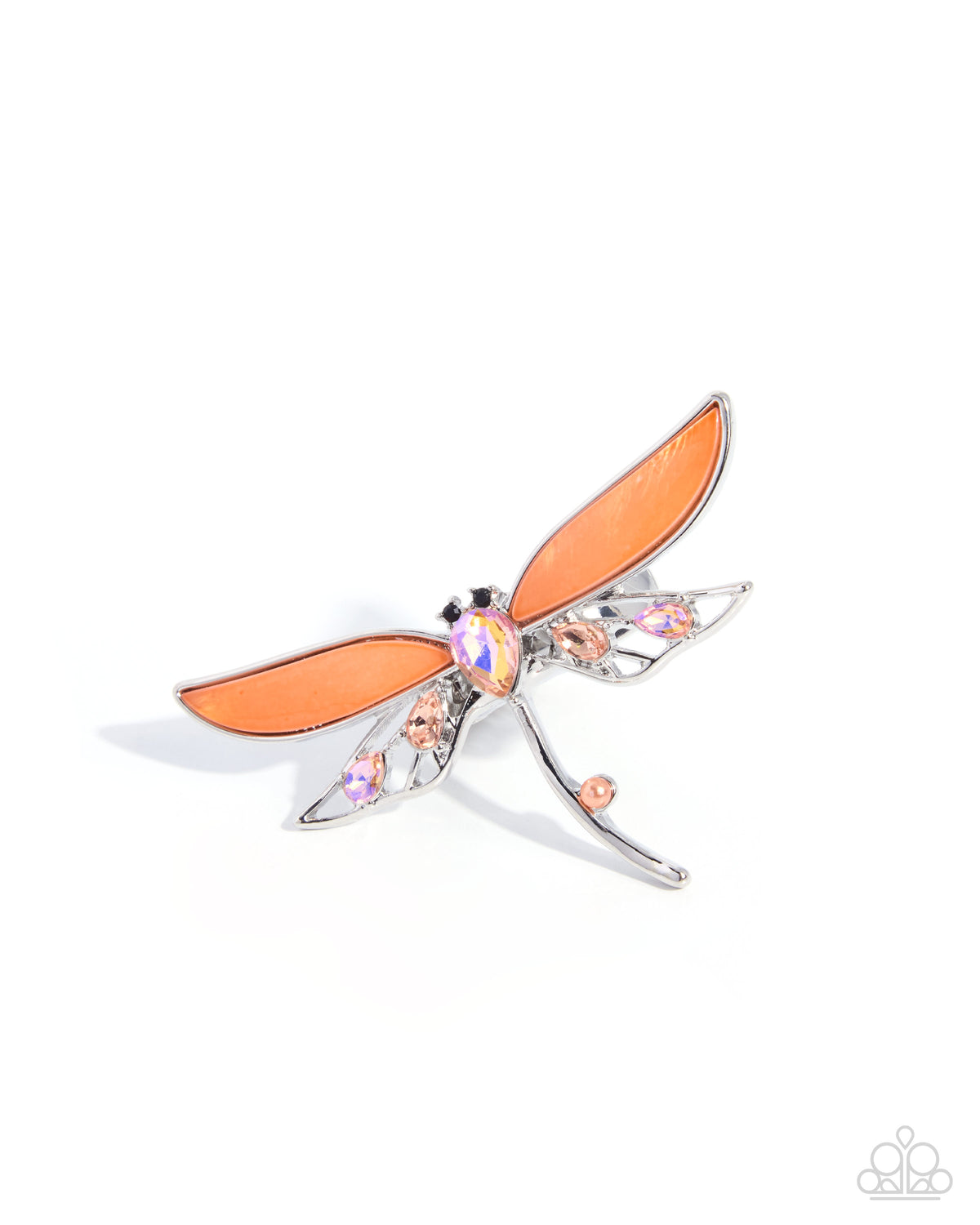 Paparazzi Dragonfly Demo - Orange Muskmelon UV Shimmery Gems & Pearl Silver Dragonfly Ring