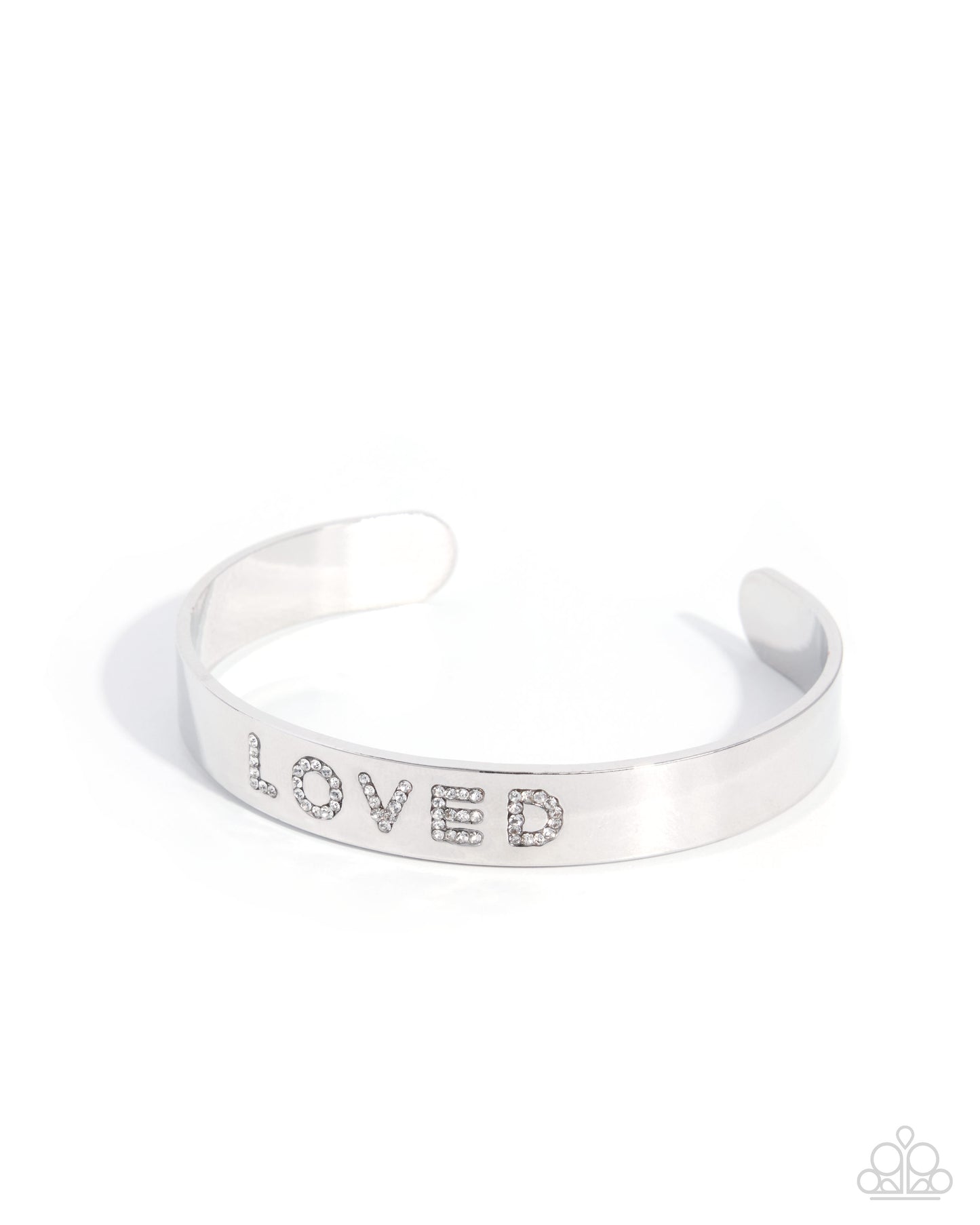 Paparazzi Unconditionally Loved - White Rhinestone "Loved" Silver Cuff Inspirational Bracelet