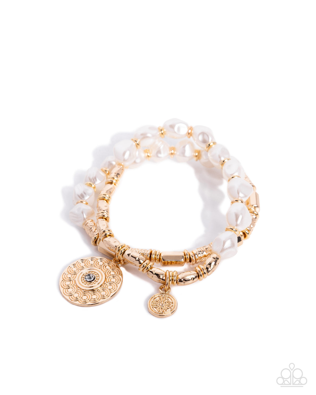 Paparazzi Vintage Beauty - Gold & White Baroque Pearl Set Of Two Stretch Bracelets
