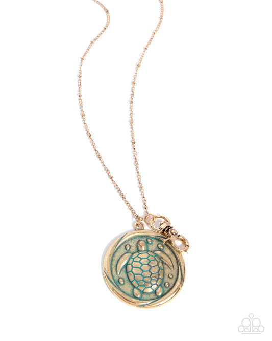 Paparazzi Swimming With Turtles - Gold - Antiqued Gold Turtle Lanyard Necklace