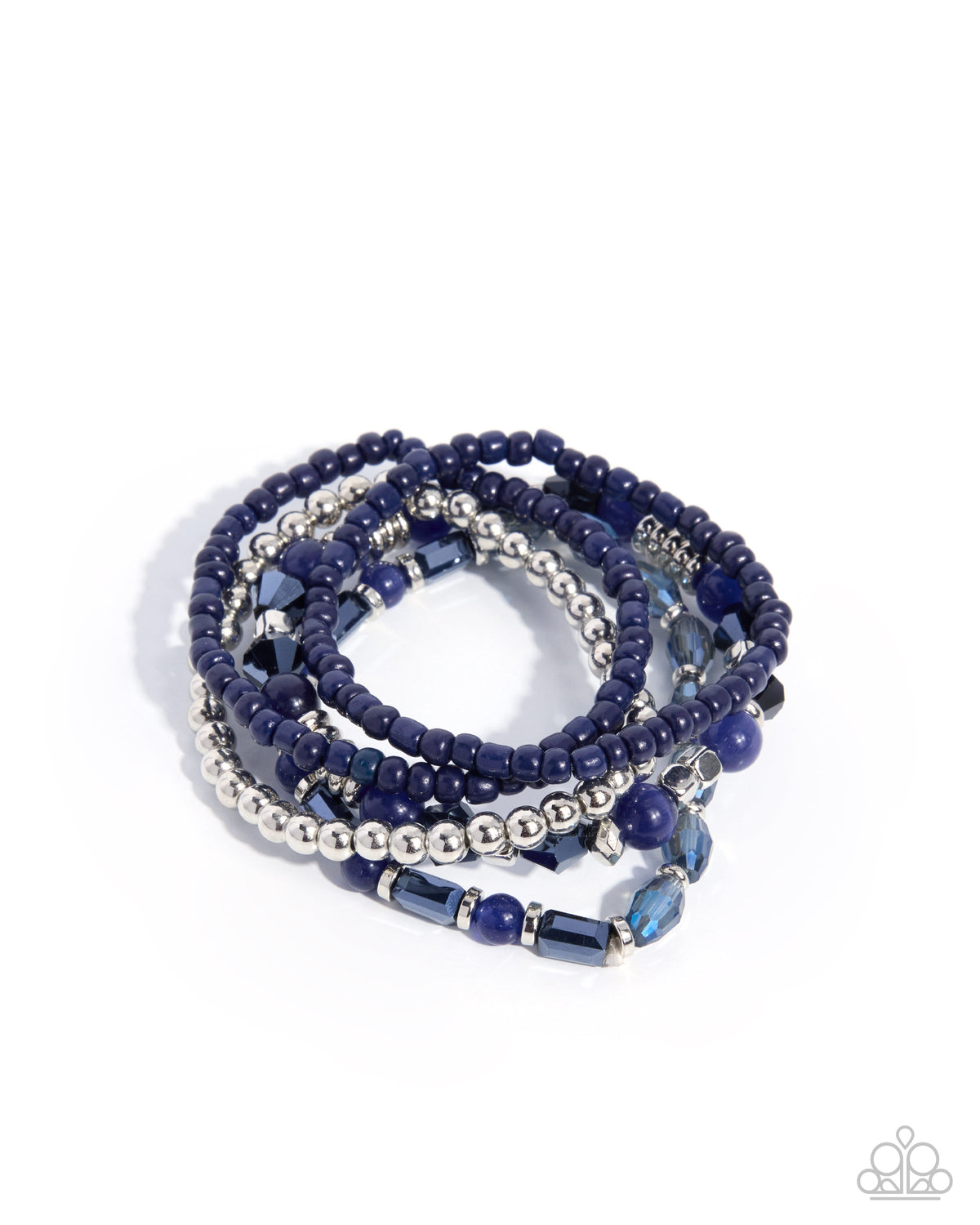 Paparazzi A Beautiful Blend - Blue Navy Blue Seed & Cat's Eye, Silver Bead Set Of 5 Stretch Bracelets