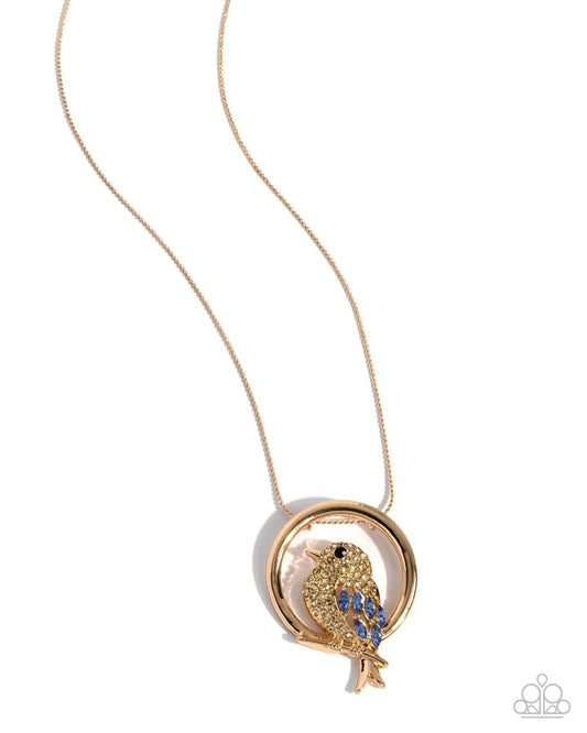 Paparazzi Adorable Aviation - Yellow, Light Sapphire, Black Rhinestone Embellished Gold Bird Pendant Necklace