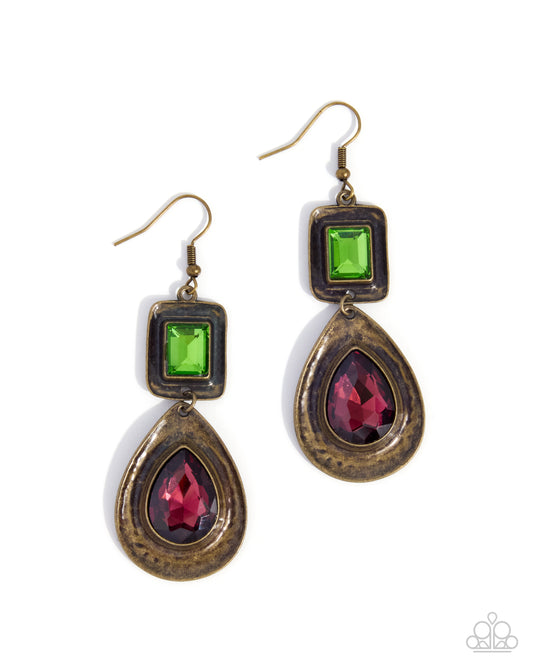 Paparazzi Fashionable Fantasy - Brass Hammered Frame, Green & Red Gem Earring