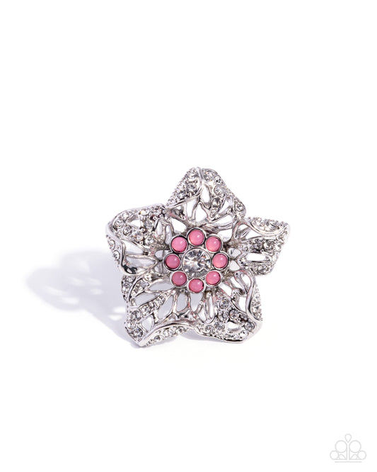 Paparazzi Whispered Whimsy - Pink Foxglove Beaded Center White Rhinestone Silver Star Ring