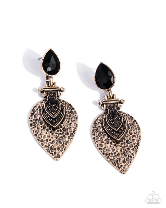 Paparazzi Ornate Overview - Black Teardrop Gem Hammered Antiqued Gold Pendant Post Earring E3564