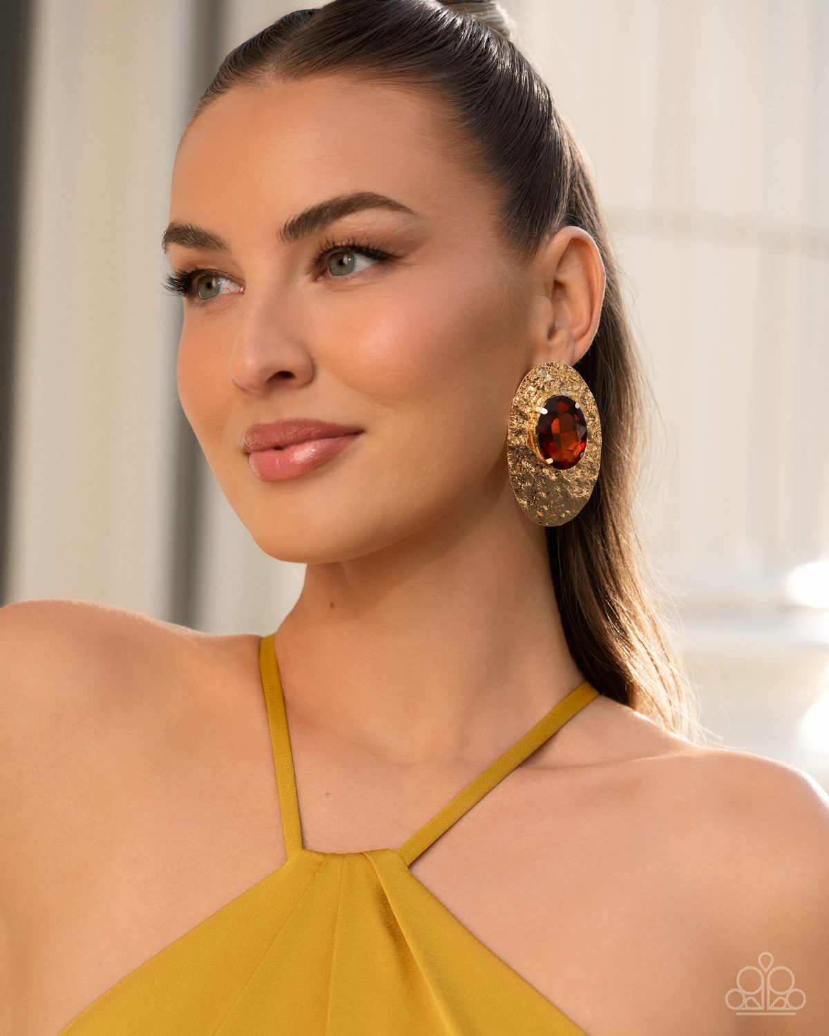 Paparazzi Ornately Oversized - Brown Topaz Gem Hammered Gold Post Earring