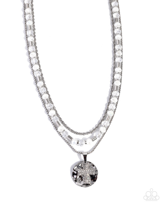 Paparazzi Commanding Cross - White Rhinestone & Bead Silver Layered Cross Necklace