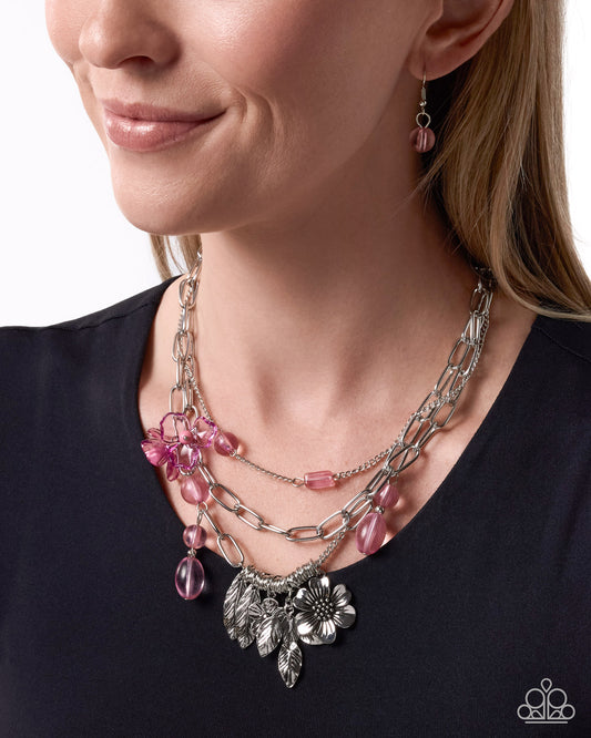 Paparazzi Futuristic Freestyle - Pink Transparent Foxglove Bead Silver Flower Layered Necklace