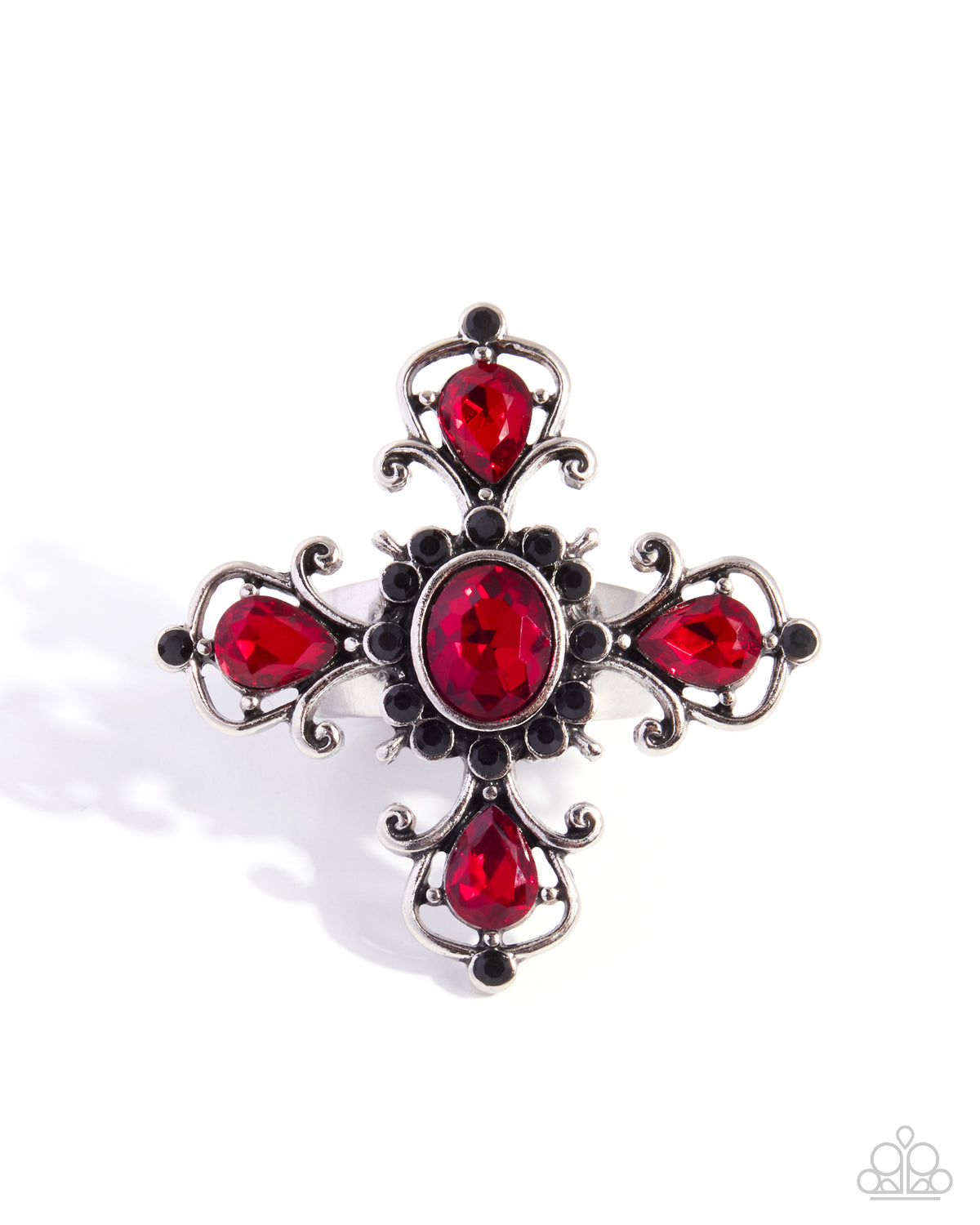 Paparazzi Curly Cross - Red Gem, Black Rhinestone Silver Filigree Cross Ring