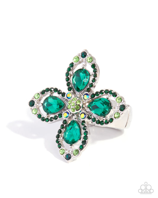 Paparazzi Whimsical Honor - Green, Emerald, Emerald Iridescent Rhinestone Spade Shaped Floral Ring