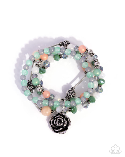 Paparazzi Whimsical Muse - Multi Neptune Green, Silver Beaded Flower Charm Stretch Bracelet 2026 Convention Exclusive