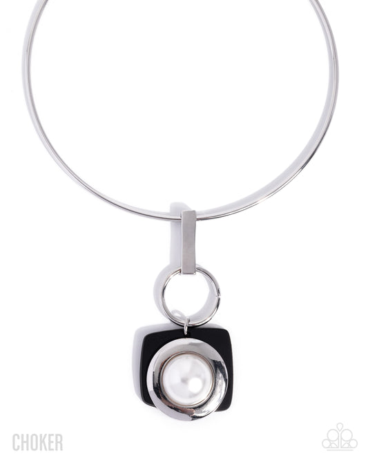 Paparazzi Elegant Entrance - Black Abstract Accent White Half Pearl Choker Collar Necklace