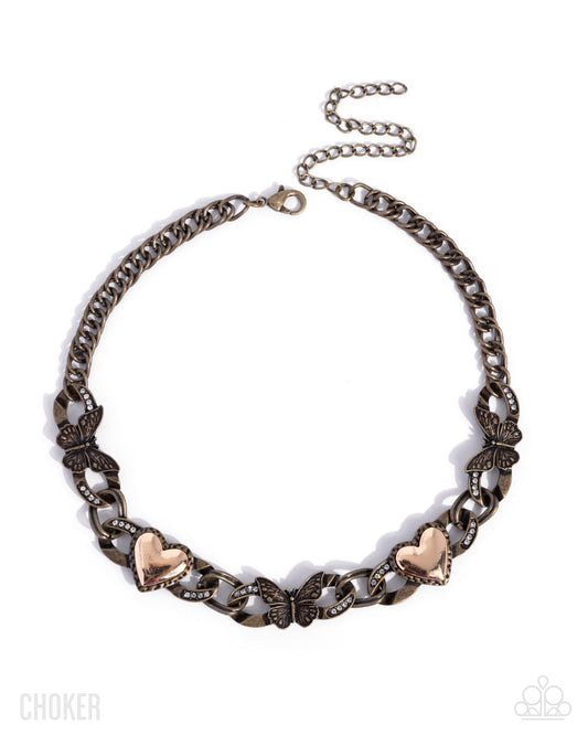 Paparazzi Budding Butterfly - Brass Butterflies & Gold Heart Choker Necklace