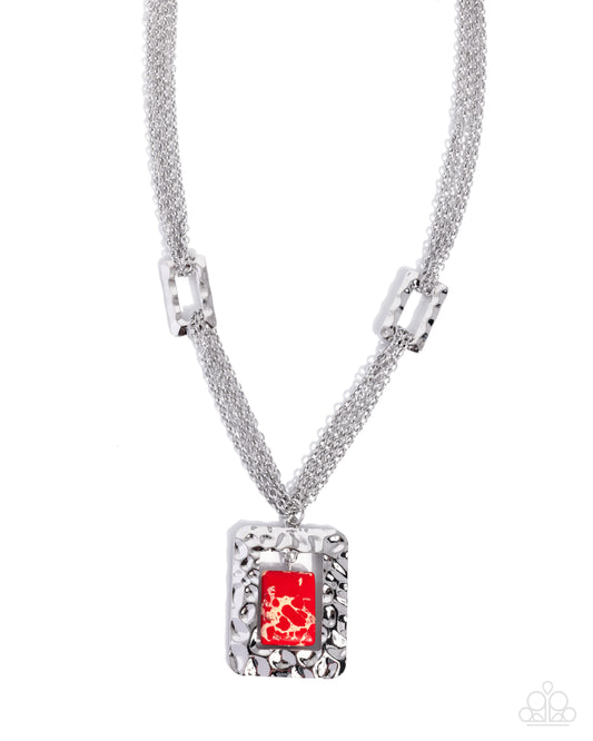 Paparazzi Square Stage - Red Marbled Stone Silver Santa Fe Style Necklace
