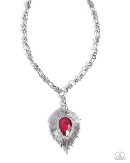 Paparazzi Sunburst State - Red Oversized Teardrop Gem Silver Necklace September 2026 Life Of The Party