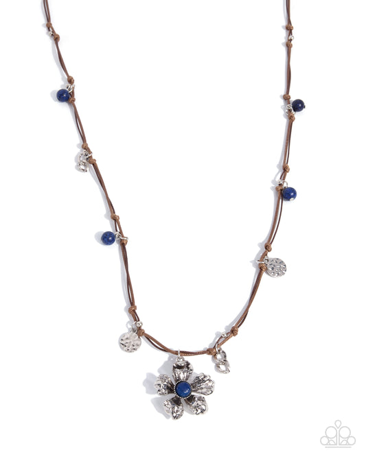 Paparazzi Floral Following - Blue Lapis Stone Silver Flower Knotted Cord Necklace