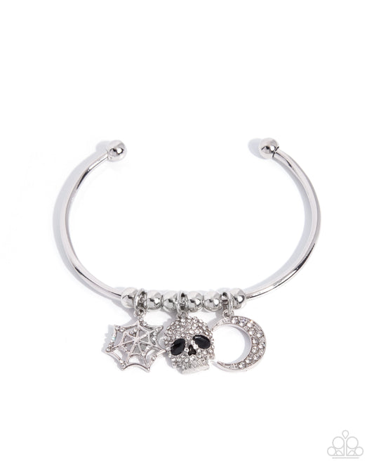 Paparazzi Halloween Habit - White Rhinestone Spider Web, Skull & Crecent Moon Halloween Cuff Bracelet