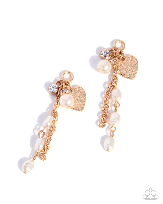 Paparazzi Sweetheart Sheen - White Rhinestone, Pearl & Gold Chain Earring Charm