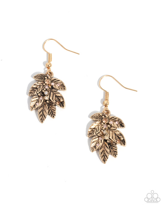 Paparazzi Autumnal Leaves - Gold - Antiqued Gold Leaves, Light Peach, Golden Shadow & Smoked Topaz Rhinestone Earring