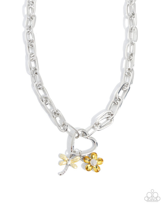 Paparazzi Dragonfly Dependence - Yellow Teardrop Gem, Primrose Painted Silver Dragonfly Necklace