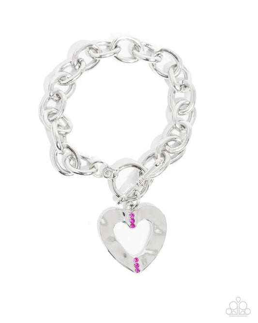 Affectionate Assembly Pink Fuchsia Rhinestone Silver Hammered Heart Bracelet Paparazzi B1924