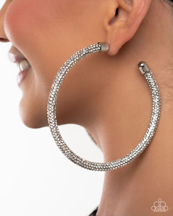 Classy Condition White Glittery Rhinestone 3 1/2 Inch Hoop Earring Life Of The Party May 2025 Paparazzi
